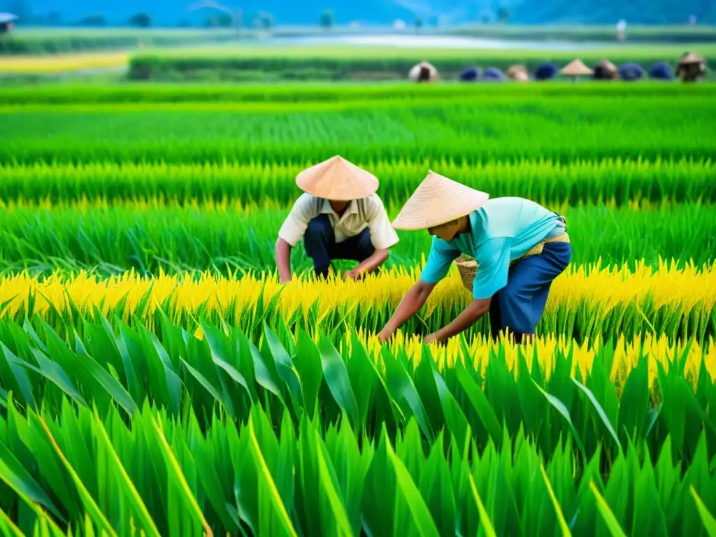 Festival de la Cosecha del Arroz en Asia: Trabajadores cosechando arroz dorado en un exuberante arrozal, bajo un cielo azul brillante