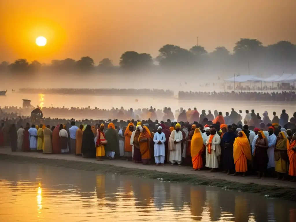 Festival espiritual Kumbh Mela: Imagen documental de la serena atmósfera matutina, con neblina sobre el río sagrado y peregrinos realizando rituales tradicionales al amanecer