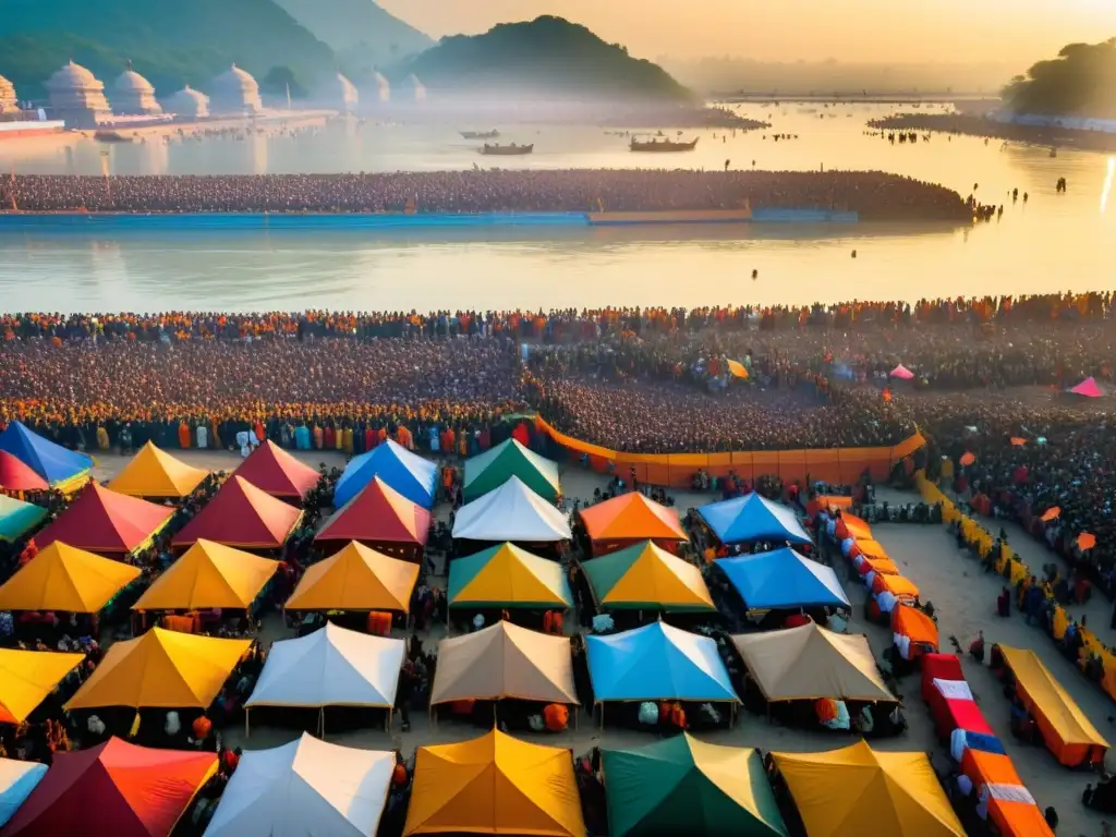 Festival espiritual Kumbh Mela: Multitud de devotos participando en rituales junto al sagrado río Ganges, entre coloridas tiendas y puestos