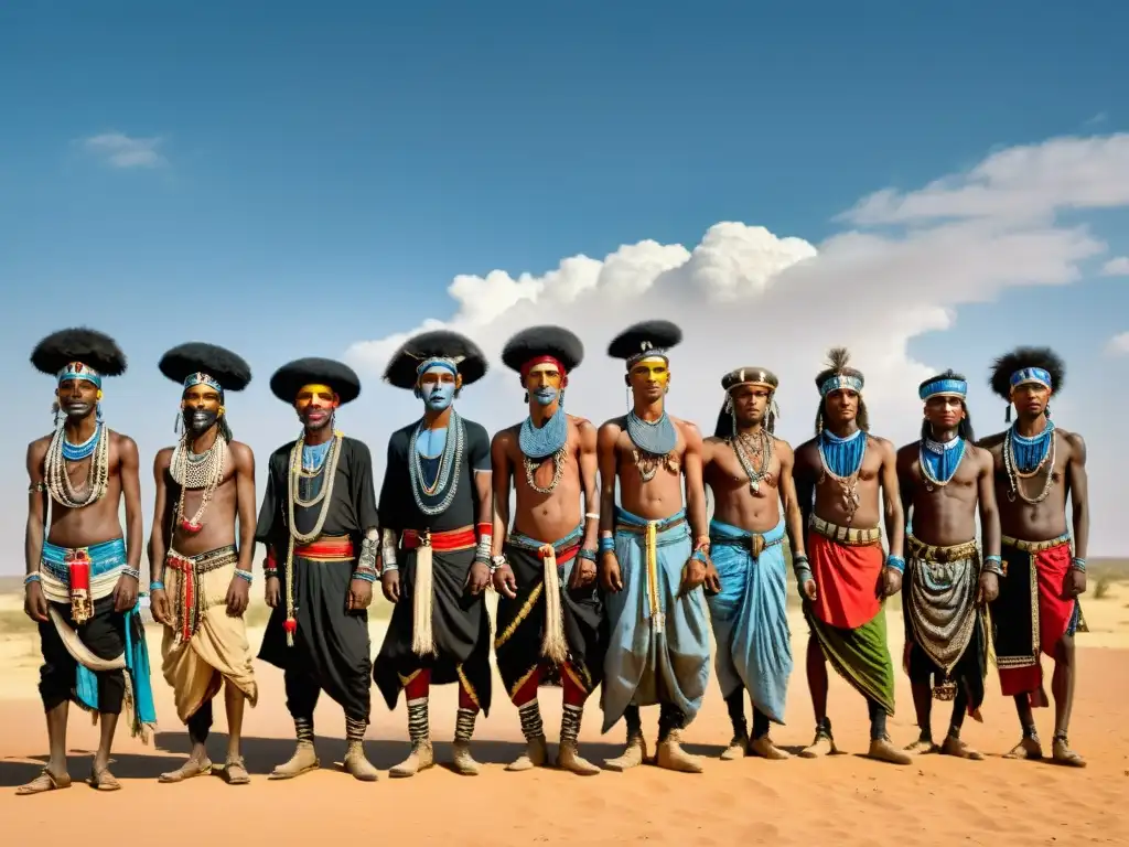 Festival Gerewol: Hombres Wodaabe con atuendos tradicionales en una llanura polvorienta, bajo un cielo espectacular