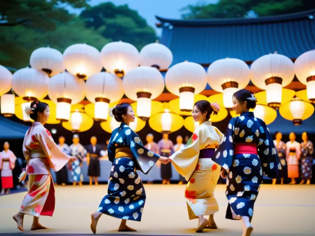 Baile de Bon Odori japonés entre linternas Festival japonés honra ancestros con danza, coloridos yukata y faroles en plaza al anochecer