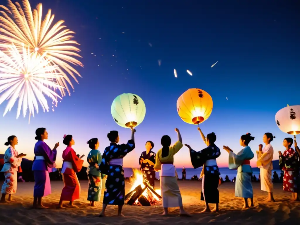 Obon Festival: Danza y tradición bajo los fuegos artificiales Festival japonés honra ancestros: Personas en yukatas danzan alrededor de una fogata con faroles y fuegos artificiales