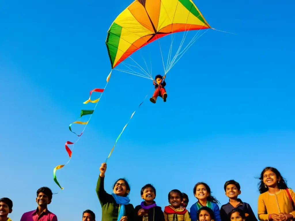 Festival de Makar Sankranti en India: Alegría y colorido en el cielo mientras niños y adultos vuelan cometas, celebrando la cosecha