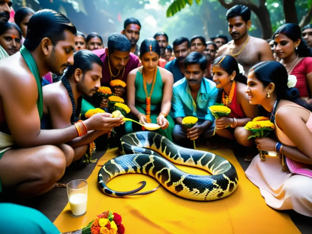 Durante el festival de Naga Panchami en India, devotos ofrecen leche y rezos a una majestuosa cobra real adornada con flores