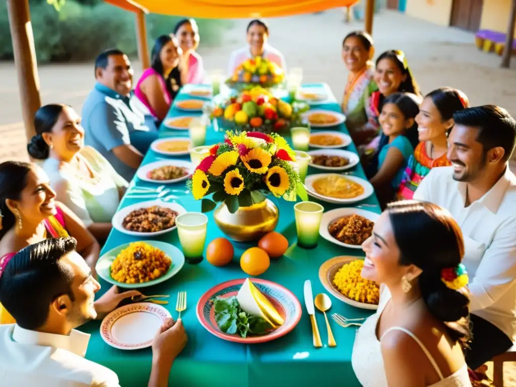 Una festividad matrimonial tradicional en un pueblo mexicano, con coloridos platillos y una pareja de novios rodeada de familia y amigos