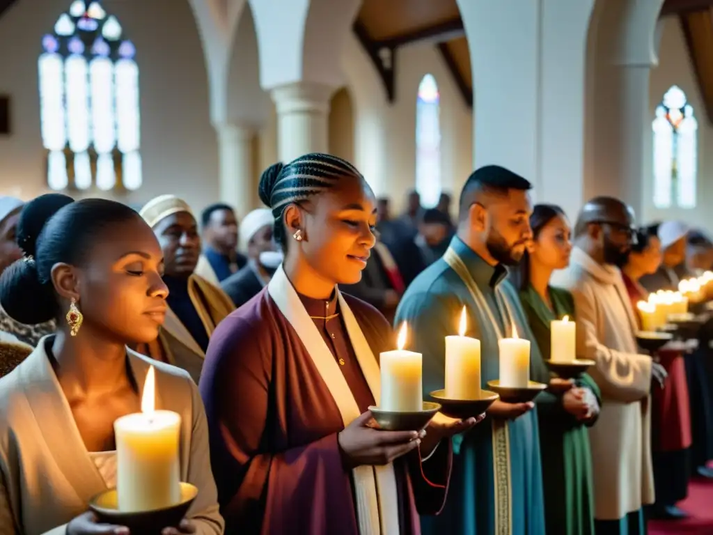 Rituales ecuménicos de Año Nuevo en la iglesia Diversos fieles cristianos participan en rituales de Año Nuevo en la iglesia, mostrando fe y unidad en sus expresiones y gestos reverentes
