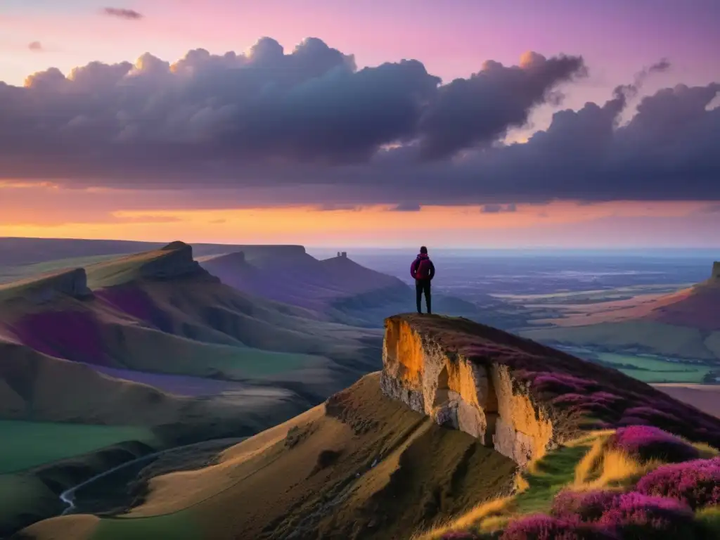 Una figura solitaria contempla un paisaje espectacular al atardecer