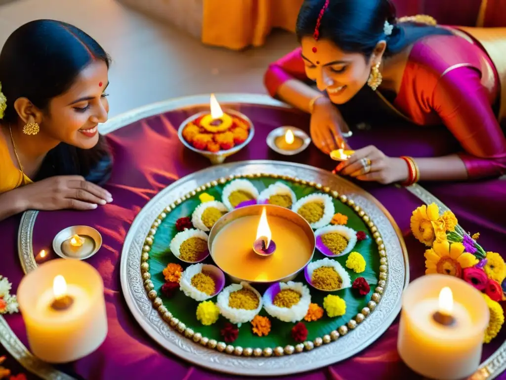 Una foto detallada de una familia en un ritual de Diwali, con thali, flores, rangoli y lámparas de aceite, mostrando el significado espiritual de Diwali en un ambiente cálido y acogedor