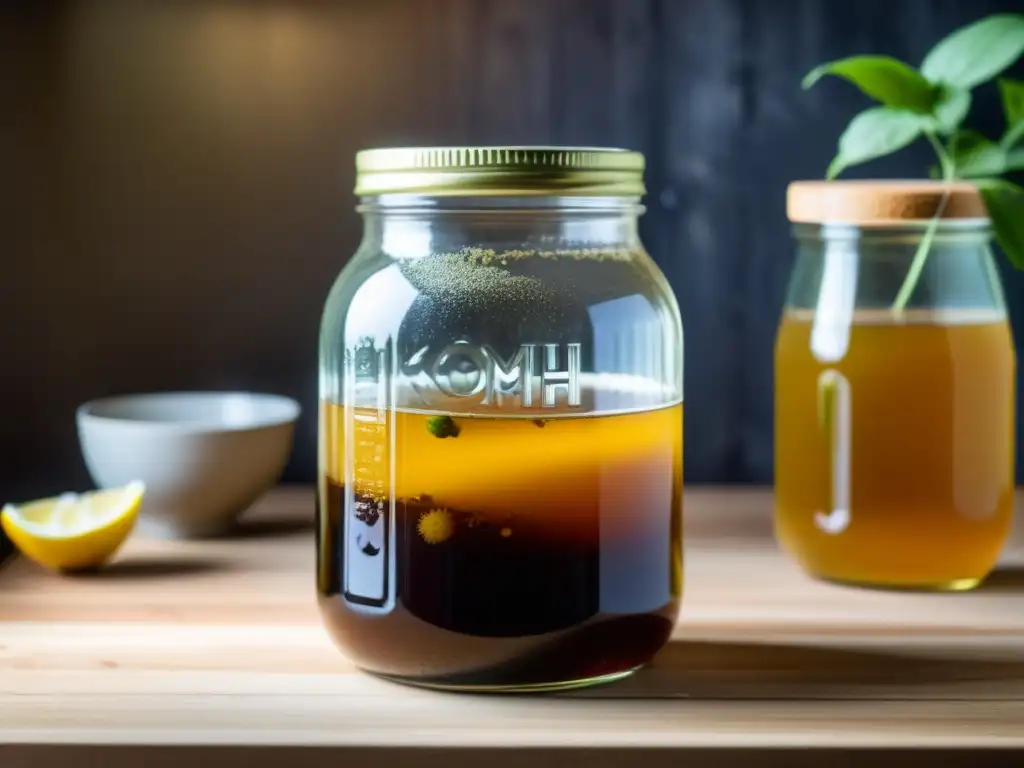 Un frasco de vidrio con kombucha fermentada, rodeado de ingredientes naturales, en un ambiente cálido