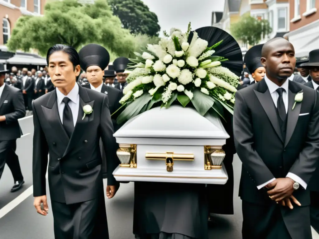 Un funeral solemne en blanco y negro, con dolientes y un coche fúnebre adornado con flores