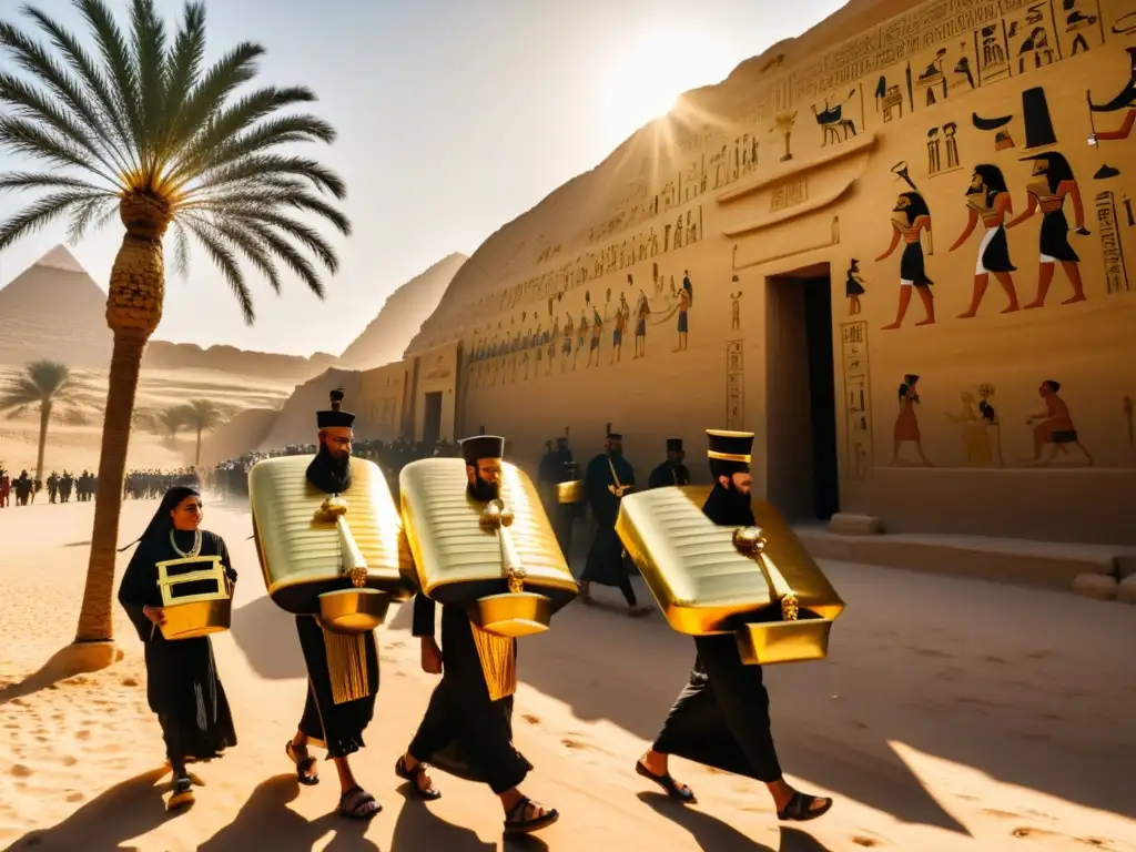 Procesión funeraria en Egipto con música ceremonial, ropas negras y doradas y un entorno antiguo y solemne entre palmeras y ruinas