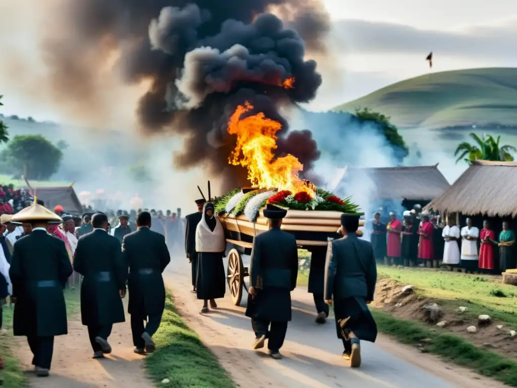 Procesión funeraria tradicional en un pueblo remoto, con vestimenta y ofrendas