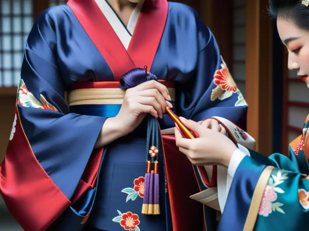 Una geisha atando con destreza su obi de kimono, en un ambiente cálido y etéreo