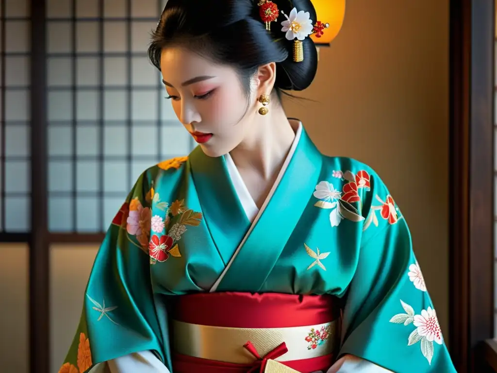 Una geisha con un hermoso kimono se prepara para rituales japoneses, destacando la artesanía y tradición