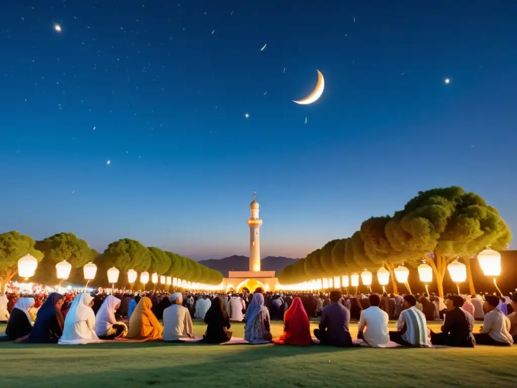 Gente de todas las edades y orígenes se reúnen para la oración del Eid alFitr bajo un cielo nocturno claro, con el nuevo creciente brillando