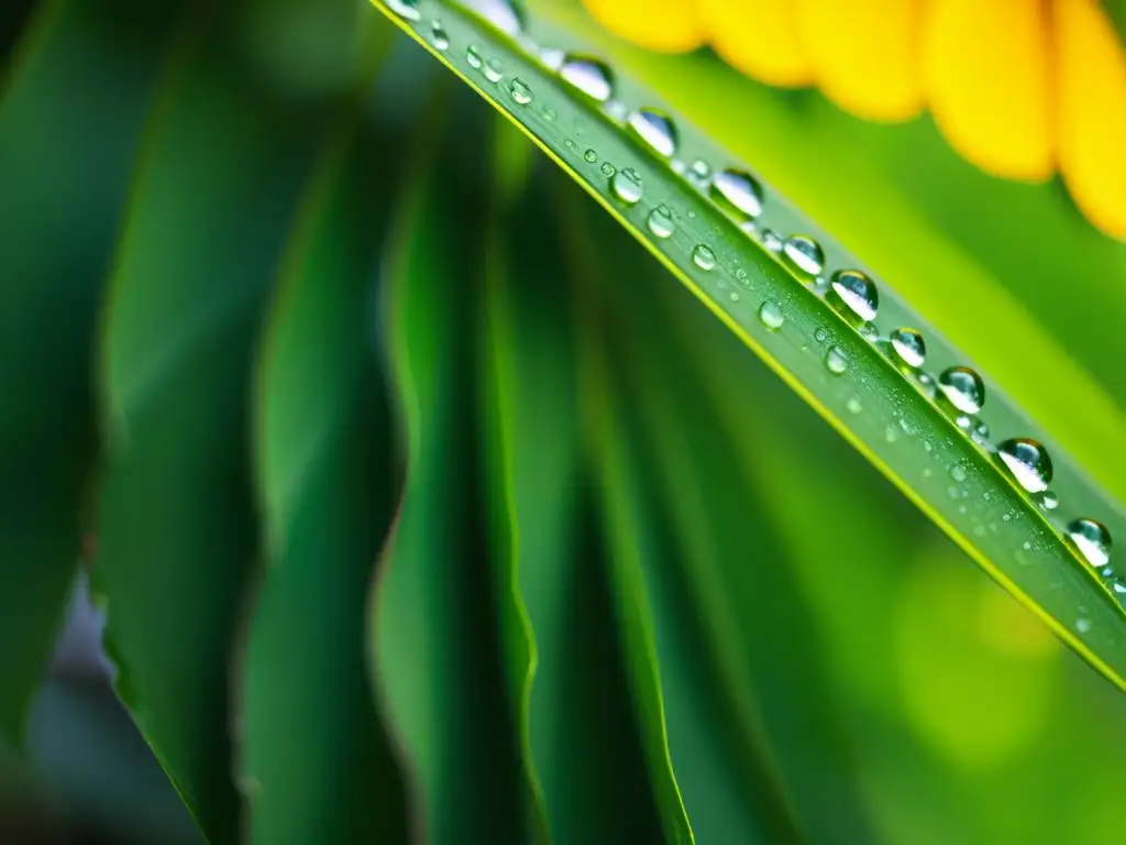 Gotas de agua brillantes sobre hojas verdes, reflejando la luz del sol