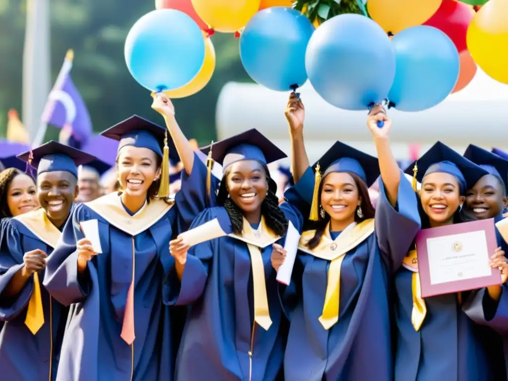 Graduados sonrientes celebran con familias y amigos, rodeados de decoraciones y mensajes de felicitación