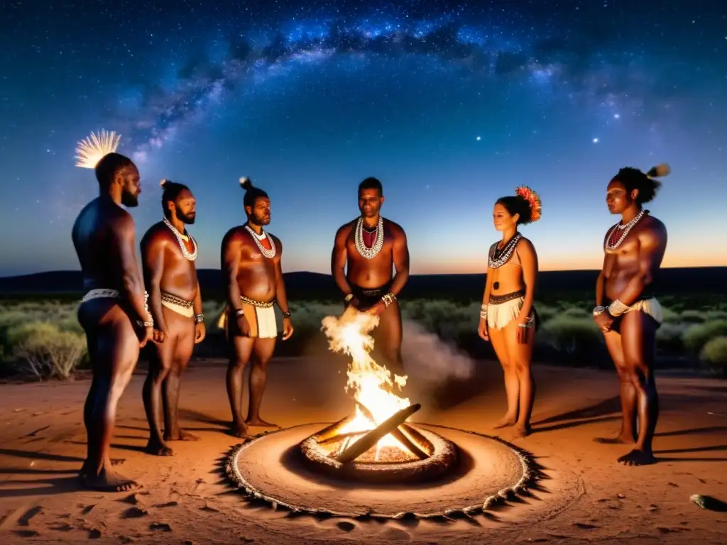 Grupo aborigen en ritual nocturno bajo el cielo estrellado del Outback australiano, mostrando la conexión con la naturaleza