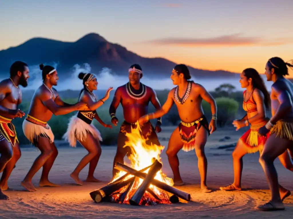 Un grupo de aborígenes australianos realizando rituales alrededor de una fogata al atardecer, con colores vibrantes y expresiones intensas