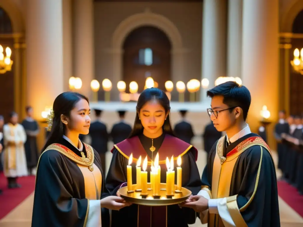 Grupo académico en ceremonia de inauguración, iluminados por velas en majestuoso salón