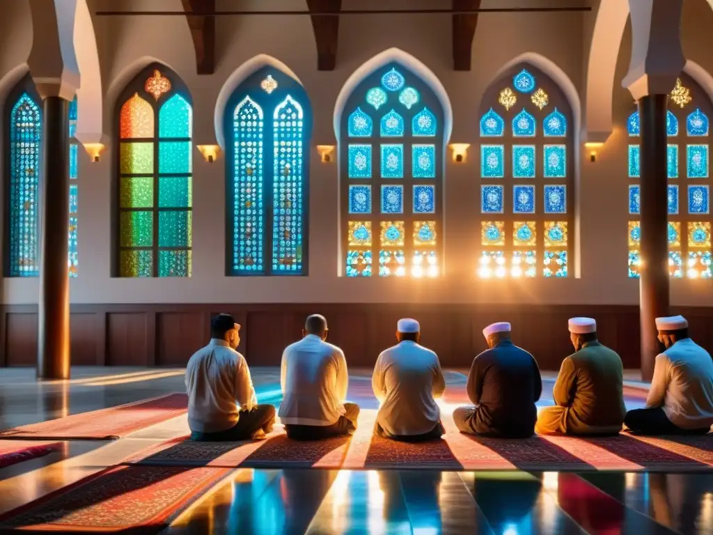 Un grupo de adoradores musulmanes reza juntos en una mezquita iluminada, capturando la solemnidad de la Noche del Destino en el Islam