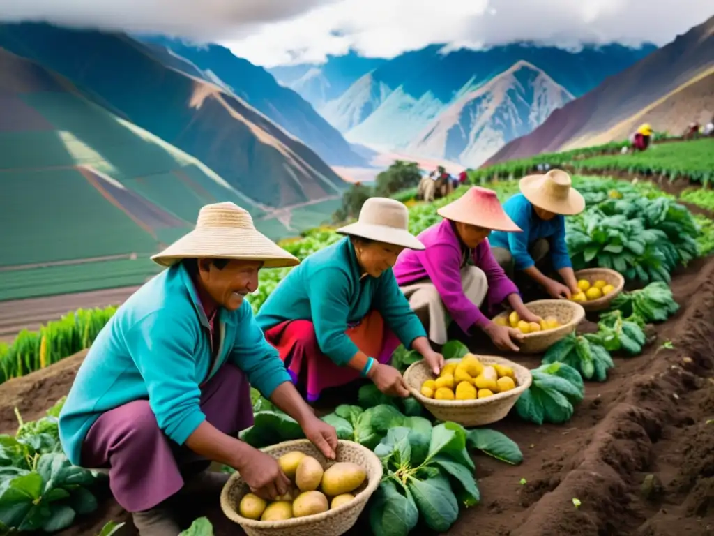 Grupo de agricultores andinos recolectando papas en los Andes para el Día de la Papa, con paisaje montañoso de fondo