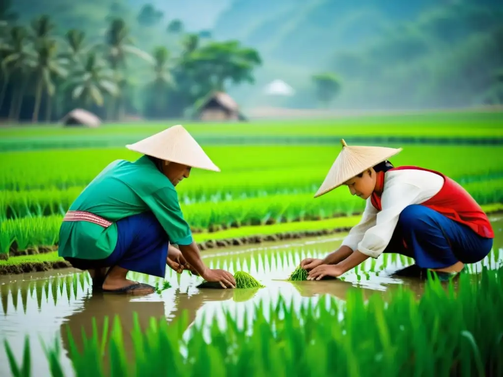 Grupo de agricultores plantando arroz en un campo verde exuberante, destacando rituales de plantación en culturas asiáticas