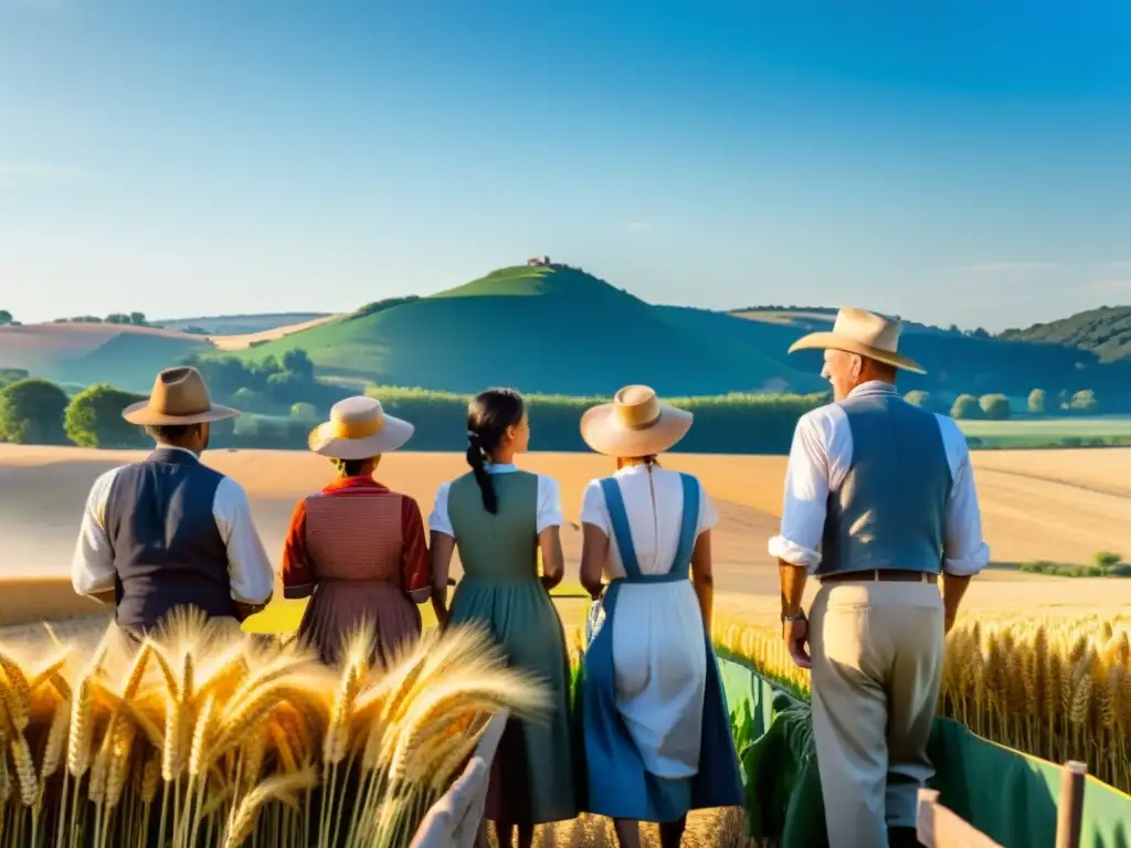 Un grupo de agricultores en un campo soleado, cosechando trigo dorado