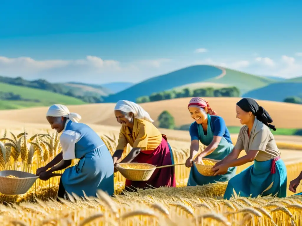 Grupo de agricultores en un campo soleado, cosechando trigo dorado en armonía, reflejando rituales de cosecha alrededor del mundo