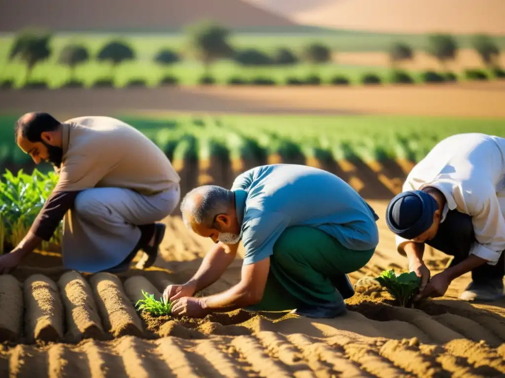 Grupo de agricultores egipcios en un campo, realizando con reverencia rituales de plantación en culturas