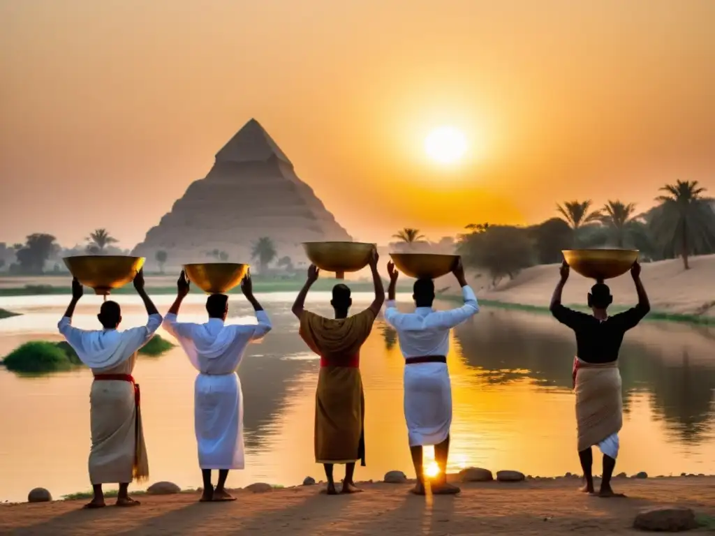 Grupo de agricultores egipcios realizando un ritual tradicional a orillas del río Nilo al atardecer, con los brazos alzados hacia el cielo