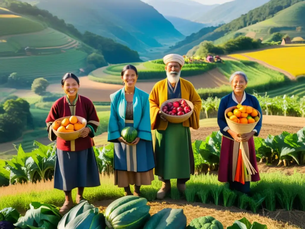 Grupo de agricultores celebrando el equinoccio, vestidos con ropa tradicional y ofrendas de frutas y verduras