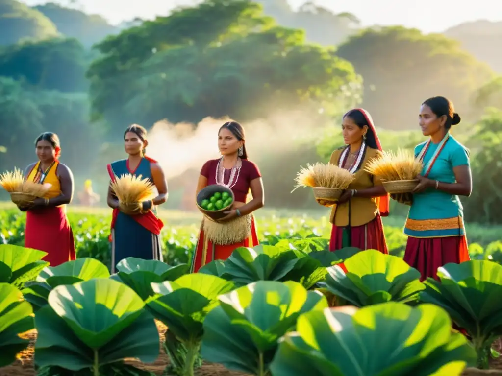 Grupo de agricultores indígenas realiza rituales de cosecha en culturas agrícolas, vistiendo trajes tradicionales en un campo exuberante al atardecer