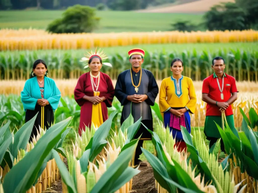 Grupo de agricultores indígenas realiza rituales de cosecha en culturas agrícolas, expresando gratitud en un campo soleado y exuberante de maíz