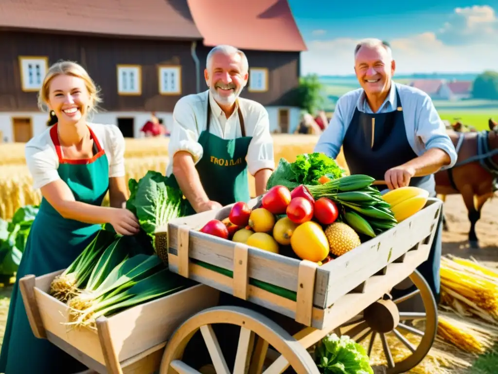 Grupo de agricultores polacos en un campo soleado, disfrutando de las festividades de la cosecha