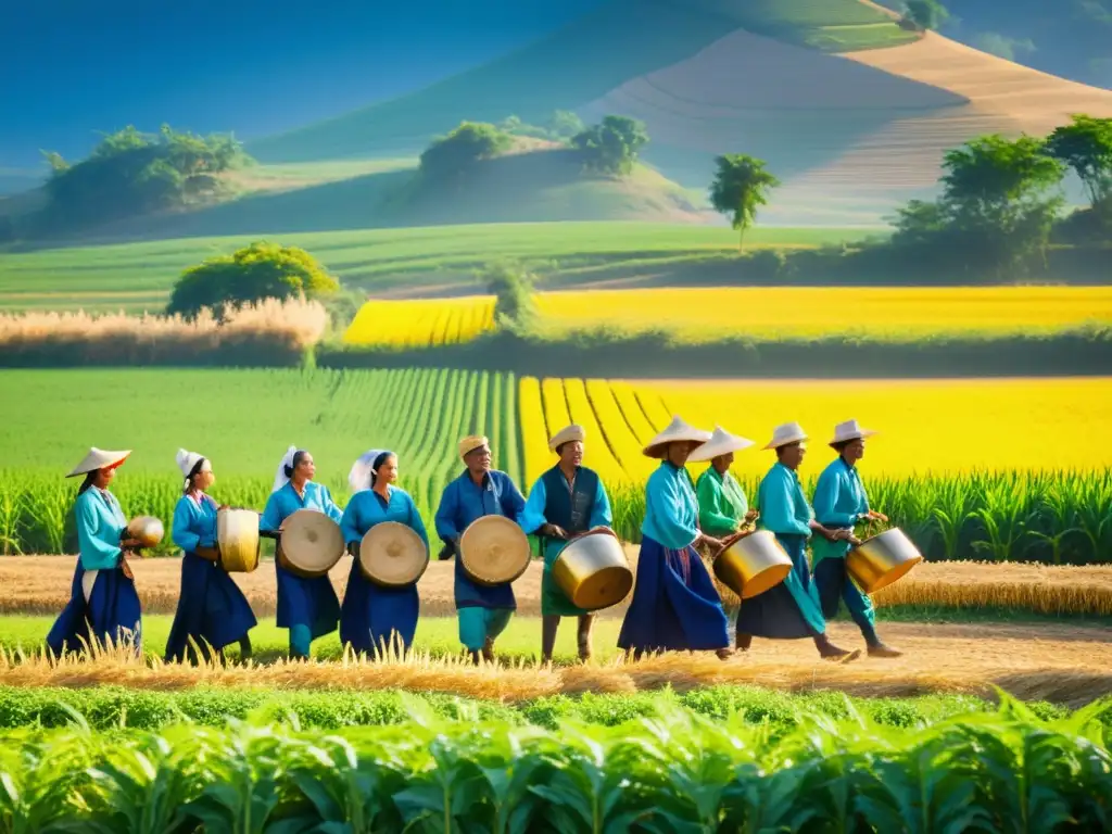 Grupo de agricultores celebrando rituales de cosecha en culturas, bailando en un campo verde con luz dorada