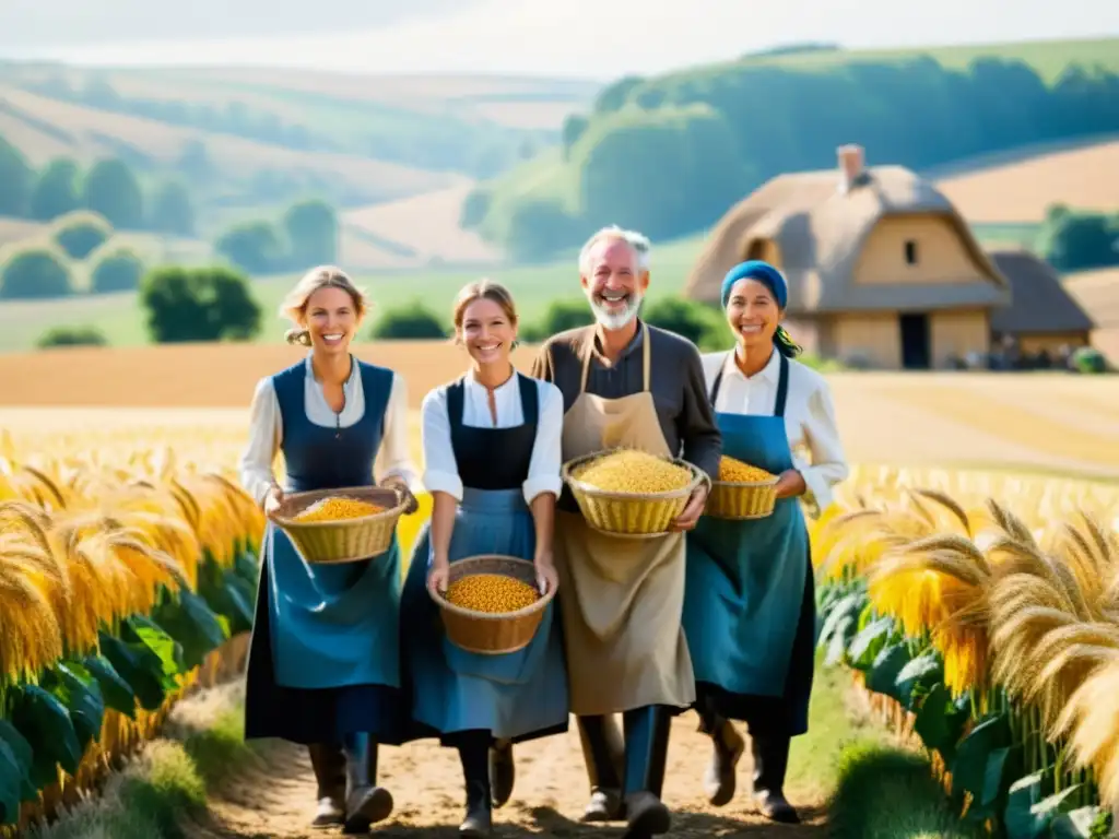 Un grupo de agricultores en ropa tradicional celebra una exitosa cosecha en un campo soleado