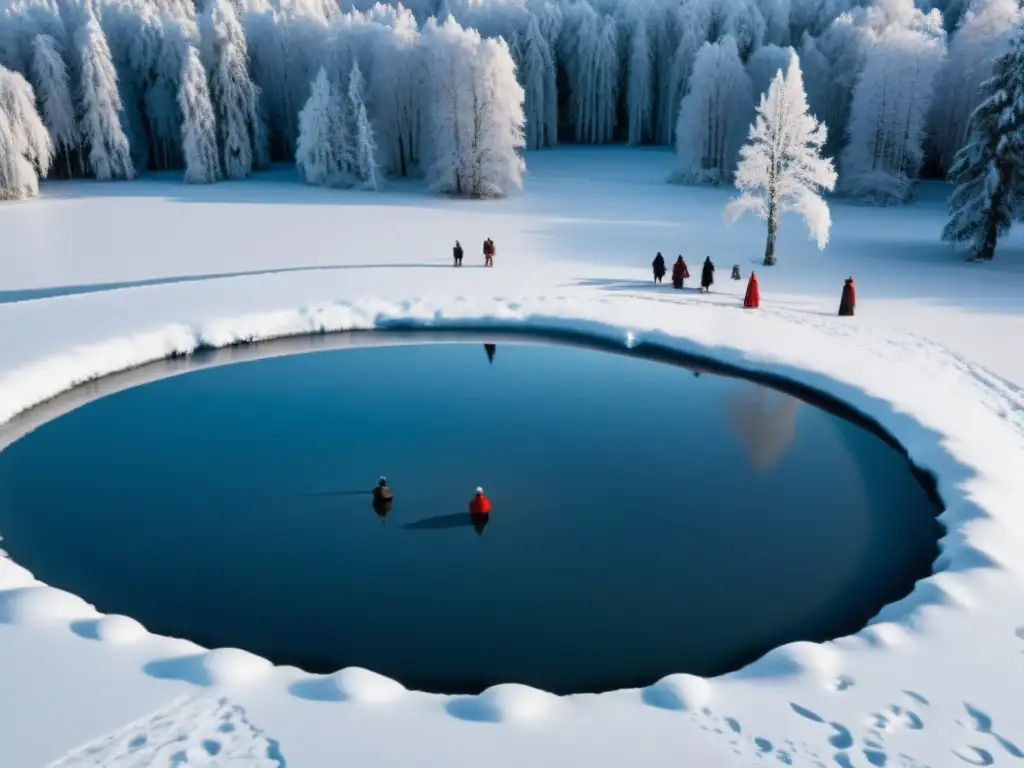 Grupo en ritual nórdico inmersión agua helada en paisaje nevado, reflejando conexión espiritual con la naturaleza