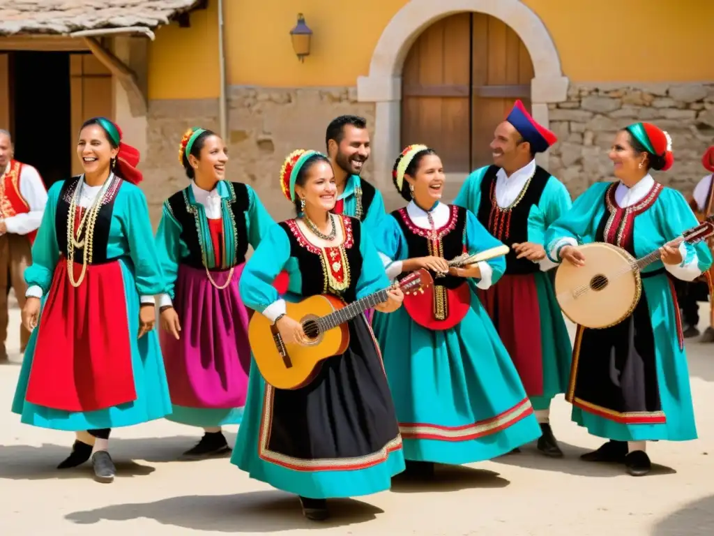 Un grupo de aldeanos vistiendo trajes tradicionales Tarantasio italiano, danzando y tocando instrumentos