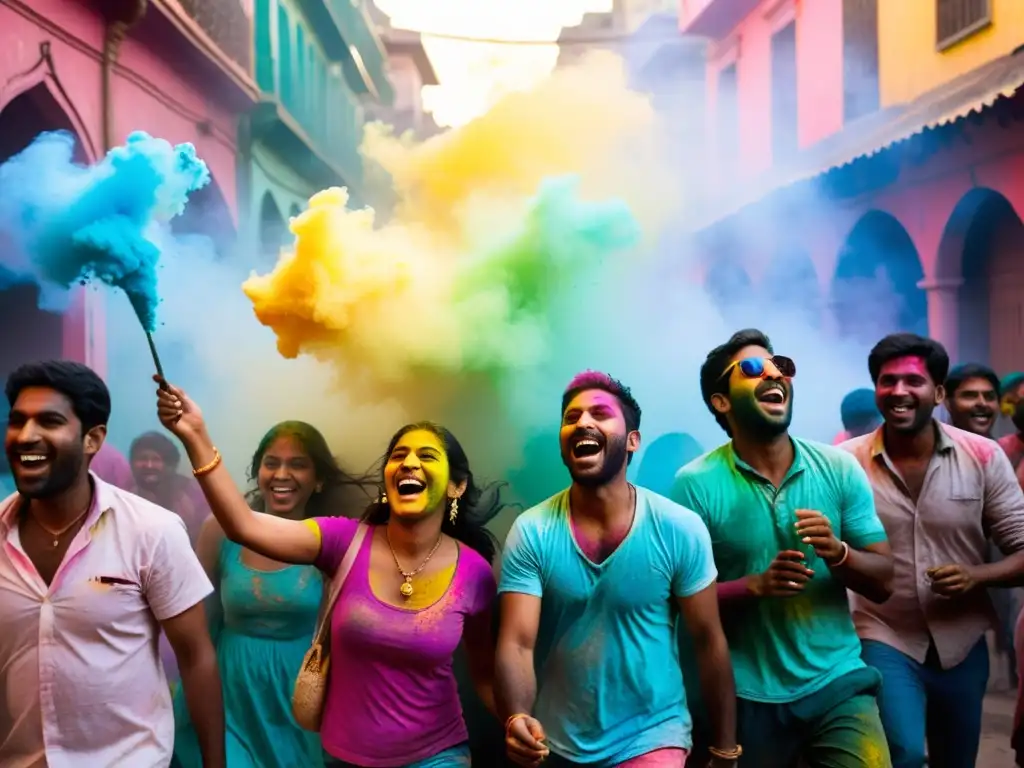 Grupo alegre celebra el Festival Holi con colores vibrantes, mostrando el significado y tradición del evento hindú