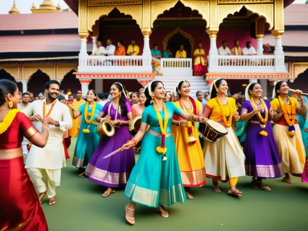 Grupo alegre celebra los rituales de Janmashtami en culturas, bailando y tocando instrumentos tradicionales en una festividad vibrante y espiritual