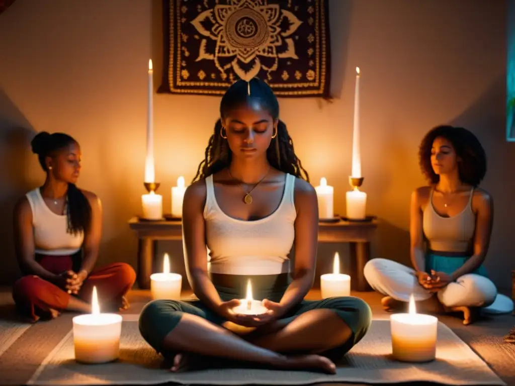 Un grupo en meditación en un ambiente sereno y espiritual, iluminado por velas y con incienso