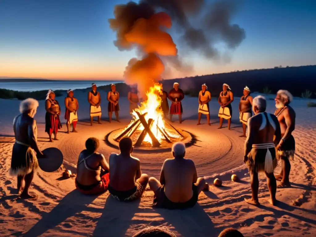 Un grupo de ancianos aborígenes realiza una danza ceremonial alrededor de una fogata, transmitiendo mitos en rituales aborígenes