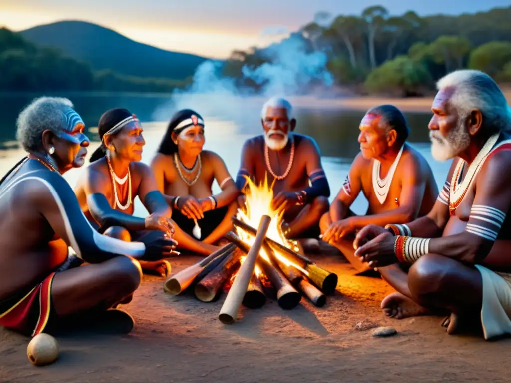 Un grupo de ancianos aborígenes tocando instrumentos tradicionales y bailando alrededor de una fogata, en un ritual sagrado que ejemplifica la conexión entre la música y rituales aborígenes