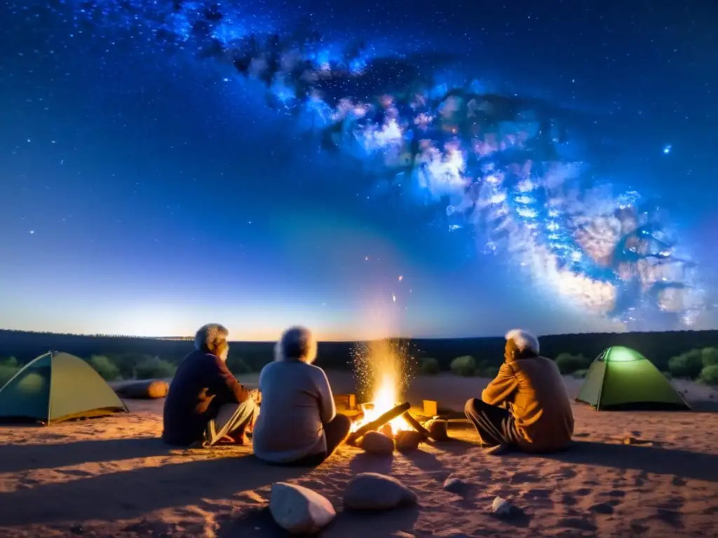 Grupo de ancianos aborígenes reunidos alrededor de una fogata bajo el cielo estrellado, realizando un ritual de observación astronómica