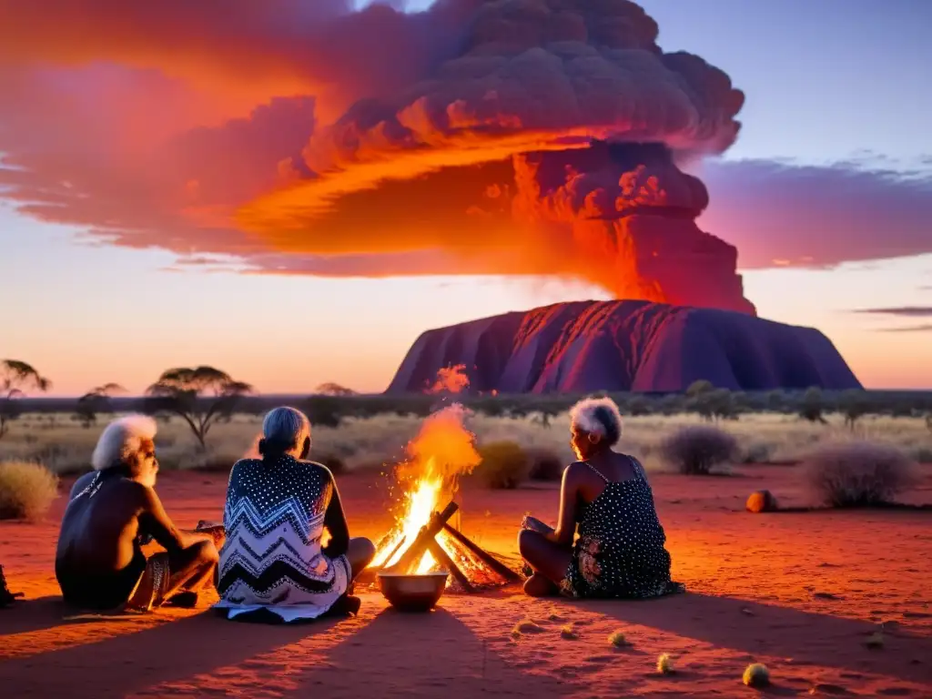 Grupo de ancianos aborígenes en ritual alrededor de fogata en el outback australiano, preparándose para Rituales en la Cosmología Aborigen