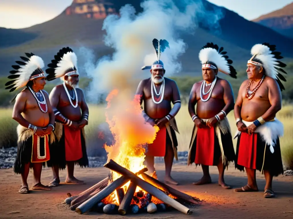 Grupo de ancianos aborígenes en trajes tradicionales realizando rituales de conmemoración cultura aborigen alrededor de una fogata en el outback australiano