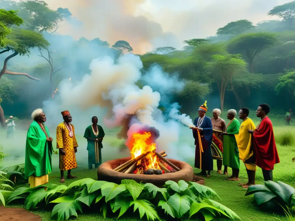 Grupo de ancianos africanos realizando un ritual de conservación de especies en un exuberante bosque, rodeados de vida silvestre