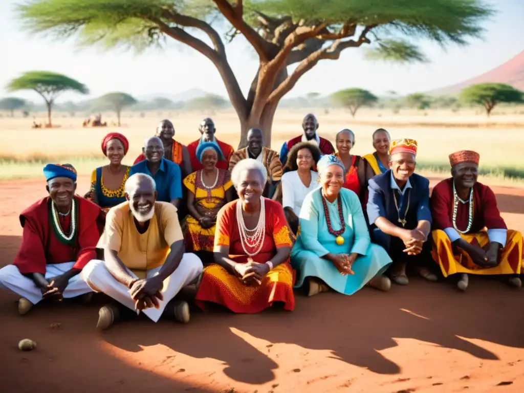 Un grupo de ancianos africanos vestidos con trajes tradicionales coloridos participan en un ritual de jubilación bajo un árbol