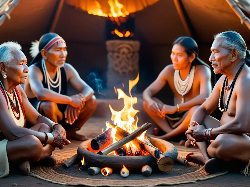 Grupo de ancianos indígenas americanos realizando un ritual sagrado alrededor de una fogata, evocando la esencia de los rituales indígenas americanos